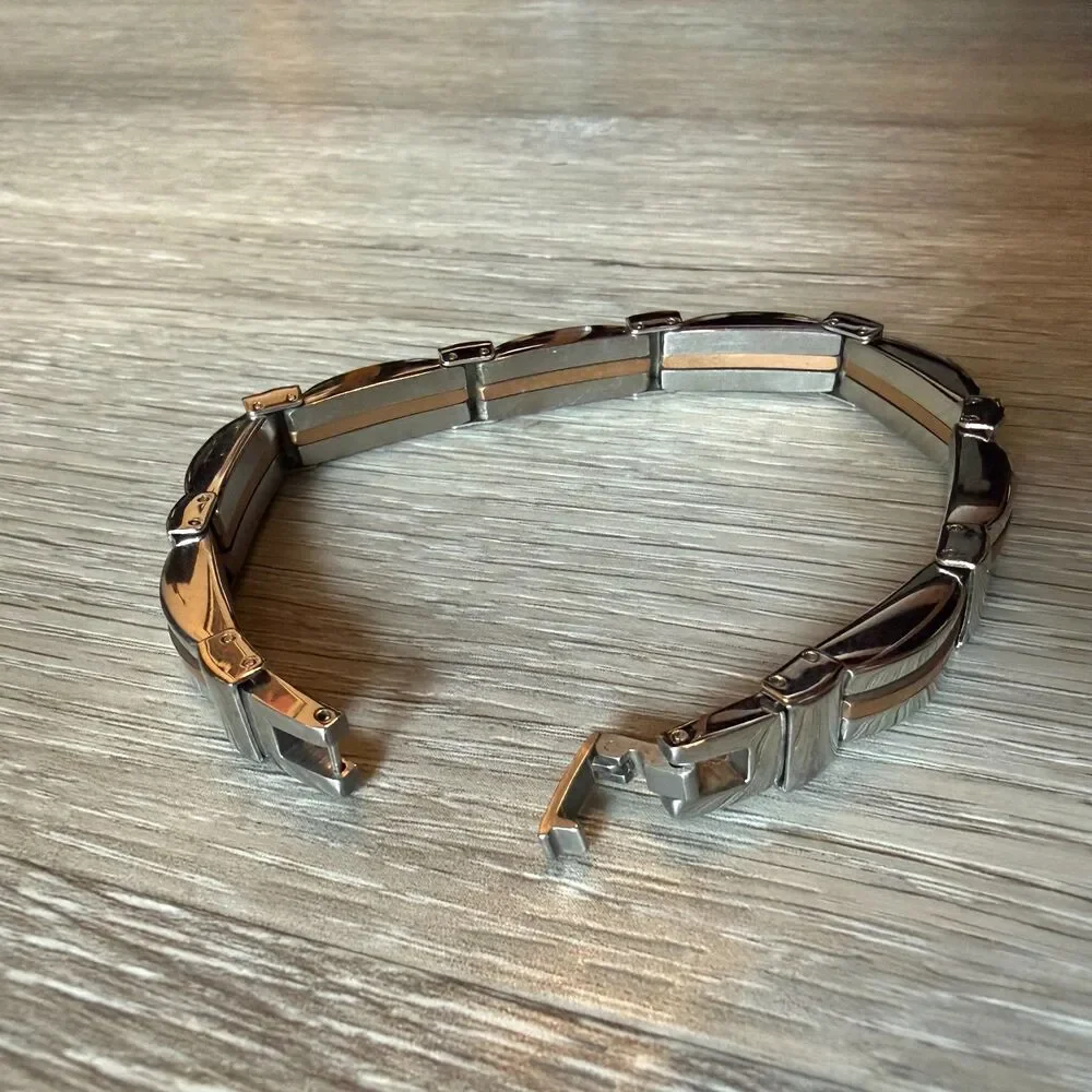 Mens Two Tone Stainless Steel Rose Gold Accent Link Bracelet Foldover Clasp